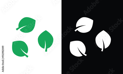 Green leaf and arrow icons for biodegradable recyclable organic bio package, vector labels, isolated with white and black background.