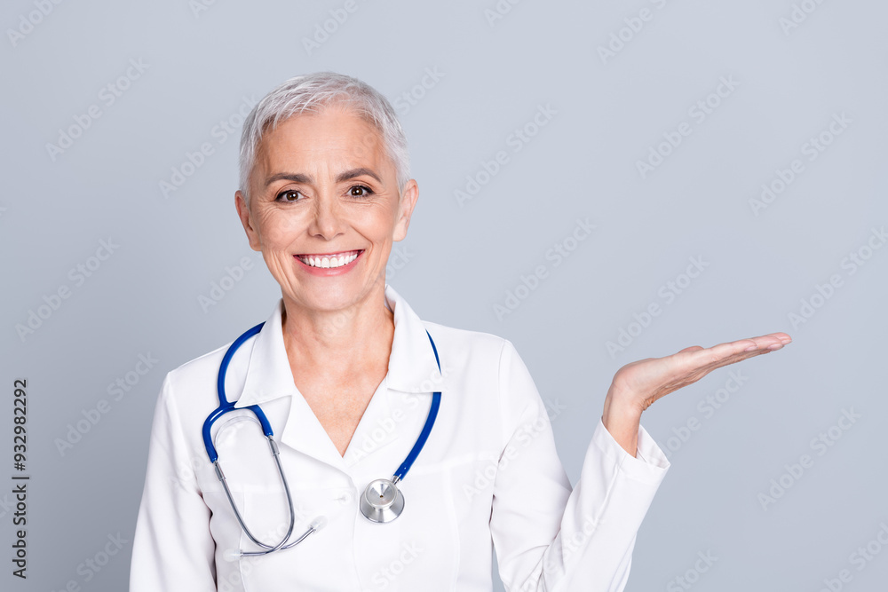 Photo of charming lovely doctor woman surgeon wear white robe demonstrate empty space isolated on grey color background Photo of charming lovely doctor woman surgeon wear white robe demonstrate empty space isolated on grey color background