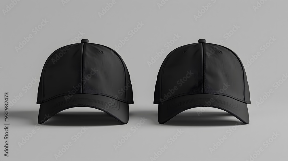 Black baseball caps mockup on a grey background, front and back side. Black baseball caps mockup on a grey background, front and back side.