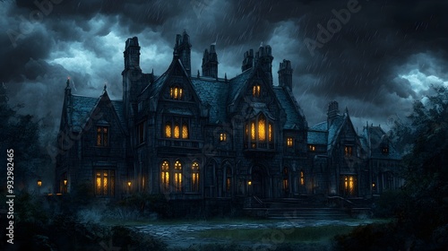 Gothic Mansion in Stormy Night Rain