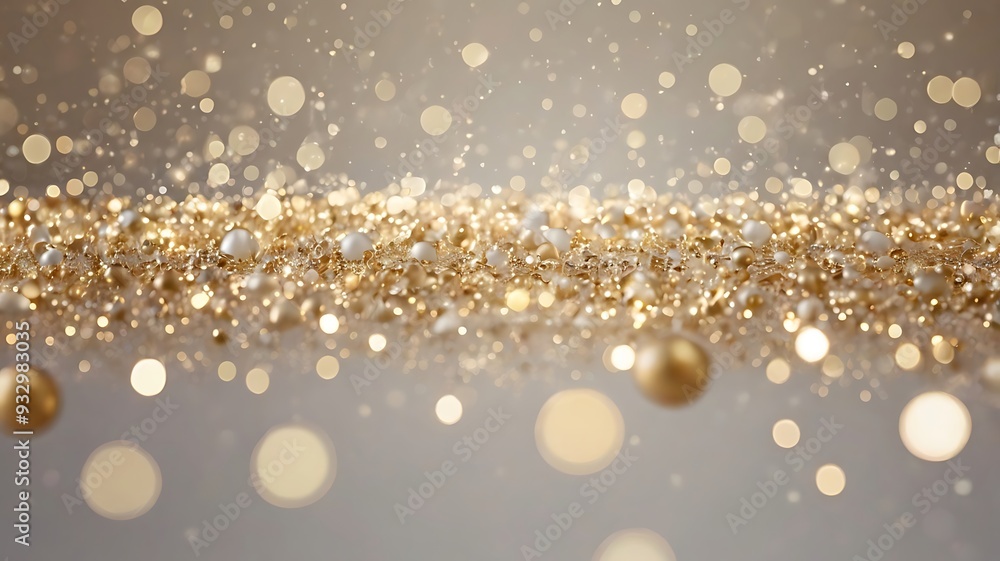Fototapeta premium Bokeh lights background illustration wallpaper, shining blurry defocused golden and white lights on white background, celebration and anniversary concept