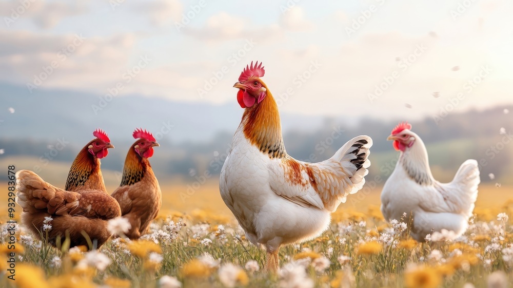 Fototapeta premium A chicken singing joyfully with other chickens in a lively countryside setting.