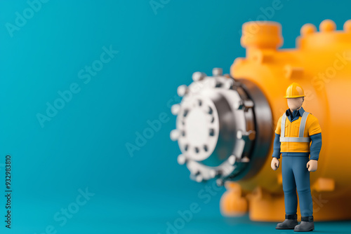 A miniature construction worker figure standing beside an industrial machine. Ideal for safety, engineering, or construction themes.