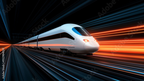 A modern train traveling through a futuristic landscape, showcasing speed and technological advancement with vibrant light effects.