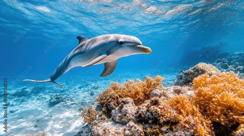 Obraz premium A dolphin sleeping peacefully on the ocean floor surrounded by corals.