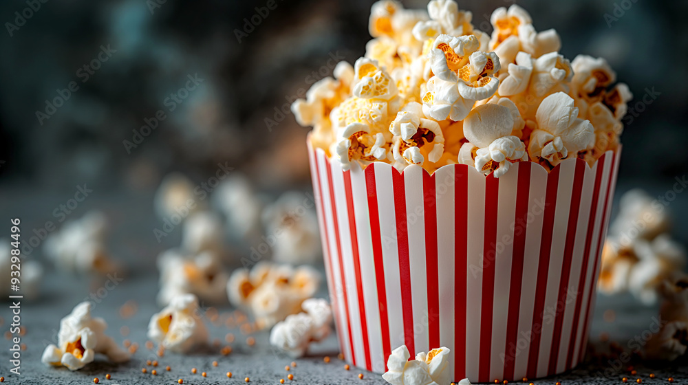 A red and white striped popcorn bucket filled with fluffy popcorn. Some popcorn kernels are scattered around the bucket A red and white striped popcorn bucket filled with fluffy popcorn. Some popcorn kernels are scattered around the bucket