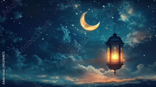 Starry Night with Hanging Lantern and Crescent Moon