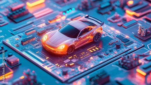 Artificial Intelligence Concept Car on Microchip, Representing the Future of Electric Vehicles and Advanced Technology, Adorable Clay Style 3D Render