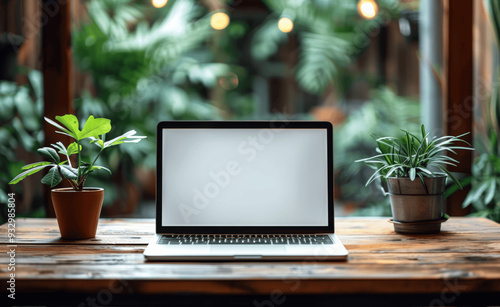 Laptop On Wooden Table With Green Potted Plants Indoor Setting