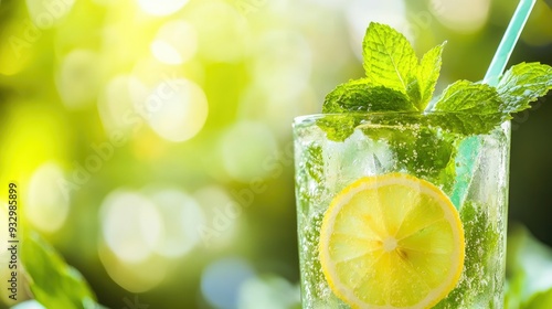 A close-up of nimbu pani (lemonade) with a straw and mint garnish on a summer-themed background. Copy space. photo