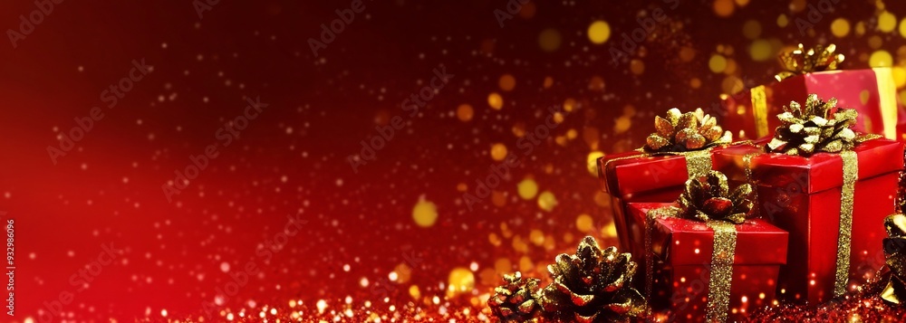 Red background with golden glitter and red gift boxes Red background with golden glitter and red gift boxes