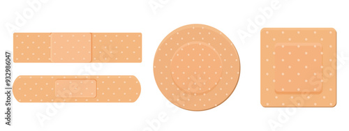 Band aid medical plaster, strip. Breathable bandaids set. Firs aid tape, Different shapes. Bandaid isolated on white background