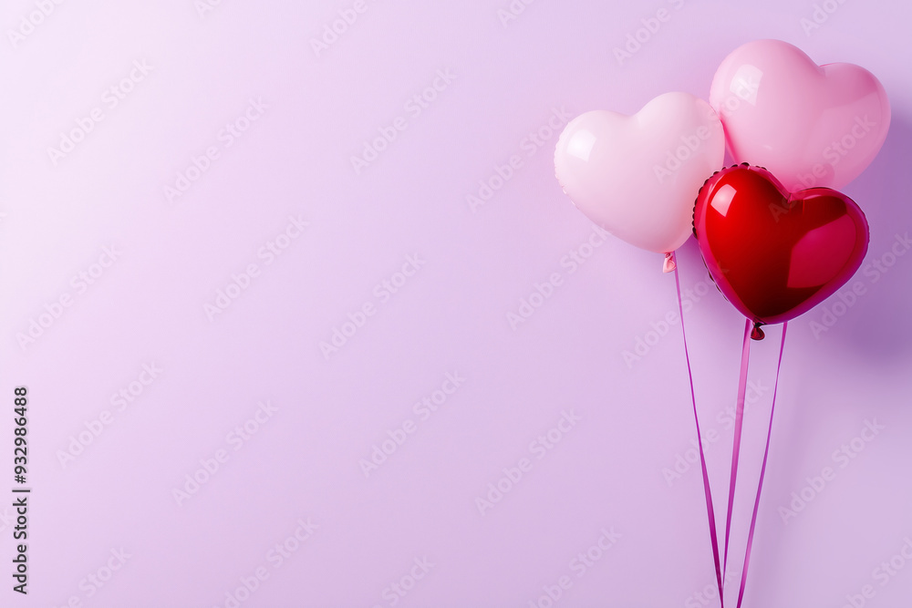 A few heart-shaped balloons in shades of pink and red floating on the left side of a muted pastel lavender background. A few heart-shaped balloons in shades of pink and red floating on the left side of a muted pastel lavender background.