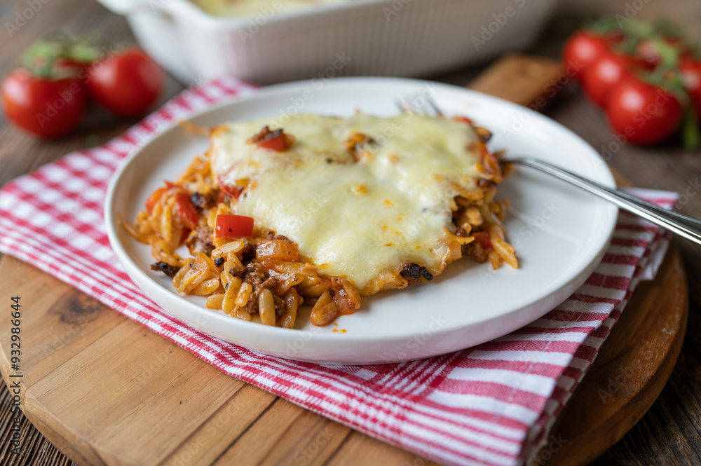 Pasta casserole with greek kritharaki, tomatoes, peppers, onions, garlic and melted mozzarella cheese fresh and homemade cooked Pasta casserole with greek kritharaki, tomatoes, peppers, onions, garlic and melted mozzarella cheese fresh and homemade cooked