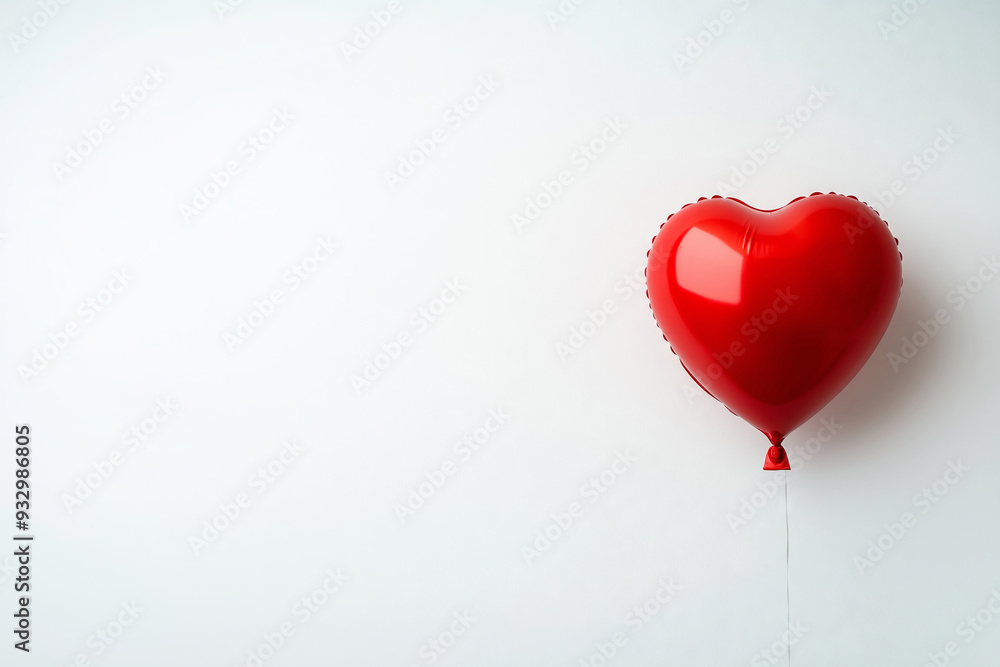 A single large heart-shaped balloon in a vibrant red color, floating against a simple white background, placed on the right side of the frame. A single large heart-shaped balloon in a vibrant red color, floating against a simple white background, placed on the right side of the frame.