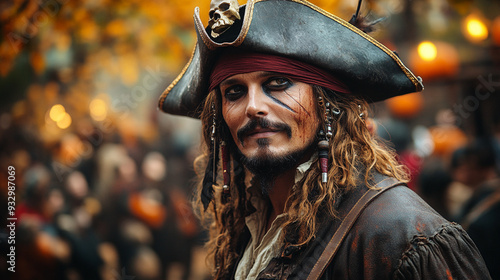 A portrait of a person in a detailed pirate costume