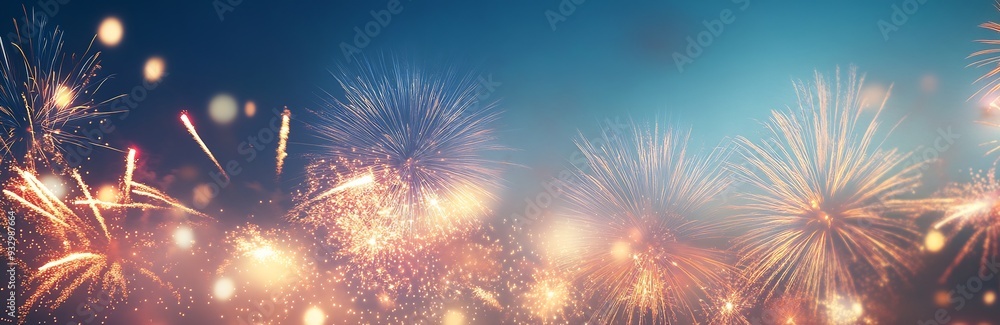 Panoramic fireworks display on a sky background Panoramic fireworks display on a sky background