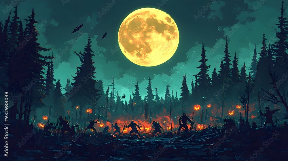 Halloween Night Forest with Full Moon and Jack-o'-Lanterns Halloween Night Forest with Full Moon and Jack-o'-Lanterns