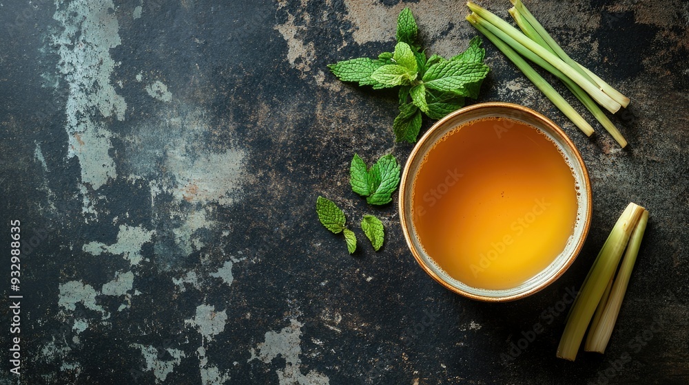 Top view of a cup of herbal tea infused with lemongrass and mint leaves on a rustic table. Copy space. Top view of a cup of herbal tea infused with lemongrass and mint leaves on a rustic table. Copy space.