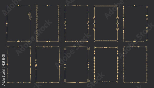 Gold frame set with tribal native indian arrow, ornament. Border thin line divider decoration with feather, simple motif.