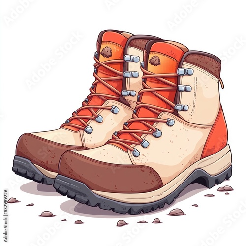 Pair of brown and orange hiking boots with laces, isolated on white background. photo