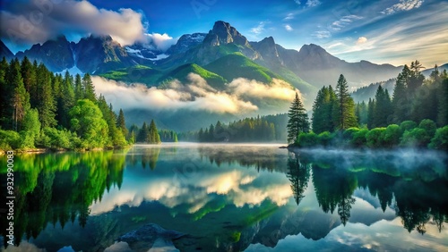 Breathtaking vista with azure mist-shrouded mountains rising above serene lake reflections and lush green forests in a peaceful natural sanctuary