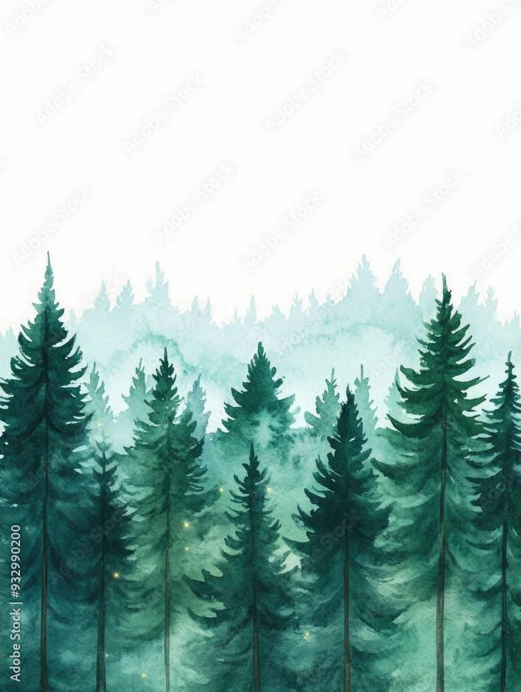 Fototapeta premium Enchanting Watercolor of a Mystical Forest Filled with Glowing Fairy Lights Hanging from the Lush Foliage