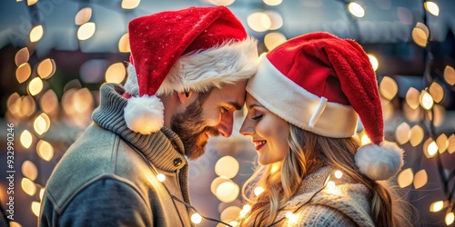 Romantic Couple in Santa Hats Sharing a Tender Moment by Christmas Lights photo