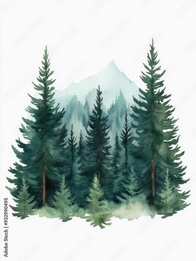 Obraz premium Dramatic and moody watercolor of a dense dark forest with towering pine trees set against a plain white background perfect for use as a nature landscape or environmental graphic design element