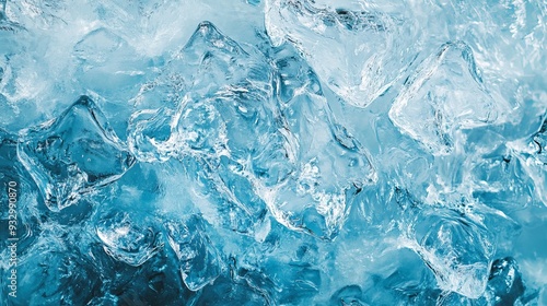 Closeup of an ice surface with intricate patterns and textures. Light blue background backdrop