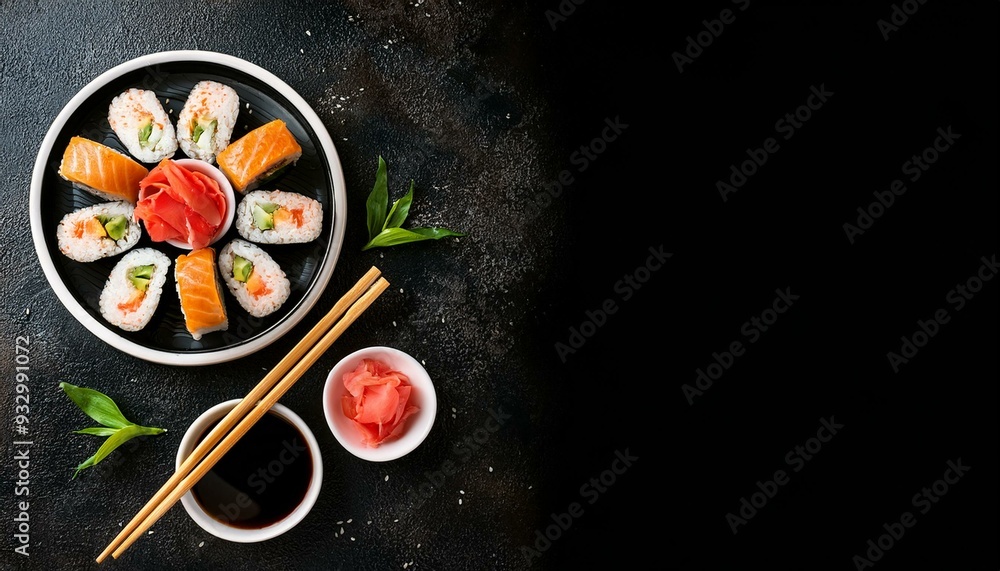 sushi rolls with rice and fish, soy sauce on a dark stone background, top view, free copy space sushi rolls with rice and fish, soy sauce on a dark stone background, top view, free copy space