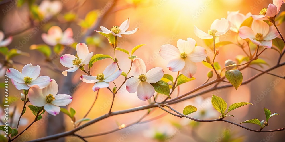 Dreamy soft focus shot of Dogwood branches swaying gently in the wind, with blurred background, and subtle warm sunlight peeking through. Dreamy soft focus shot of Dogwood branches swaying gently in the wind, with blurred background, and subtle warm sunlight peeking through.