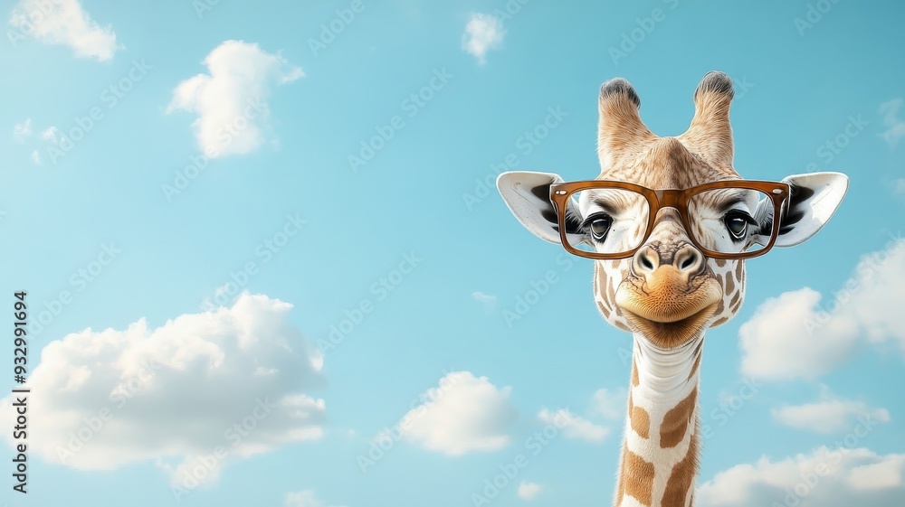 Fototapeta premium A giraffe wearing glasses, browsing treetops in a golden savanna, with a vibrant blue sky and fluffy clouds.
