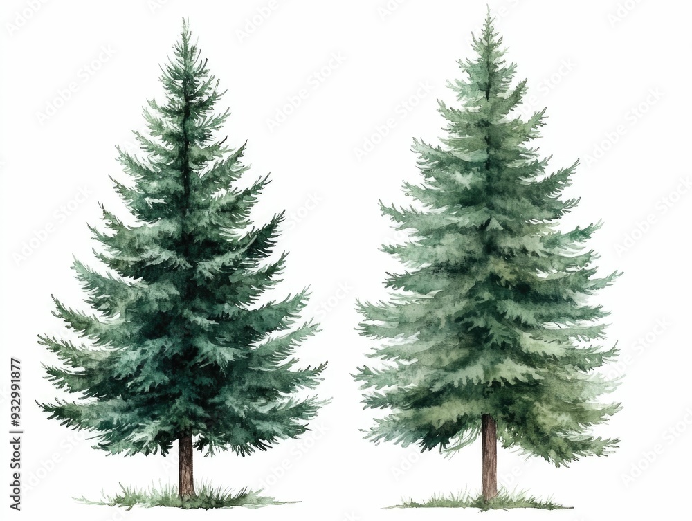 Elegant Watercolor of a Tall Fir Tree with Pinecones Isolated on a Clean White Background Elegant Watercolor of a Tall Fir Tree with Pinecones Isolated on a Clean White Background