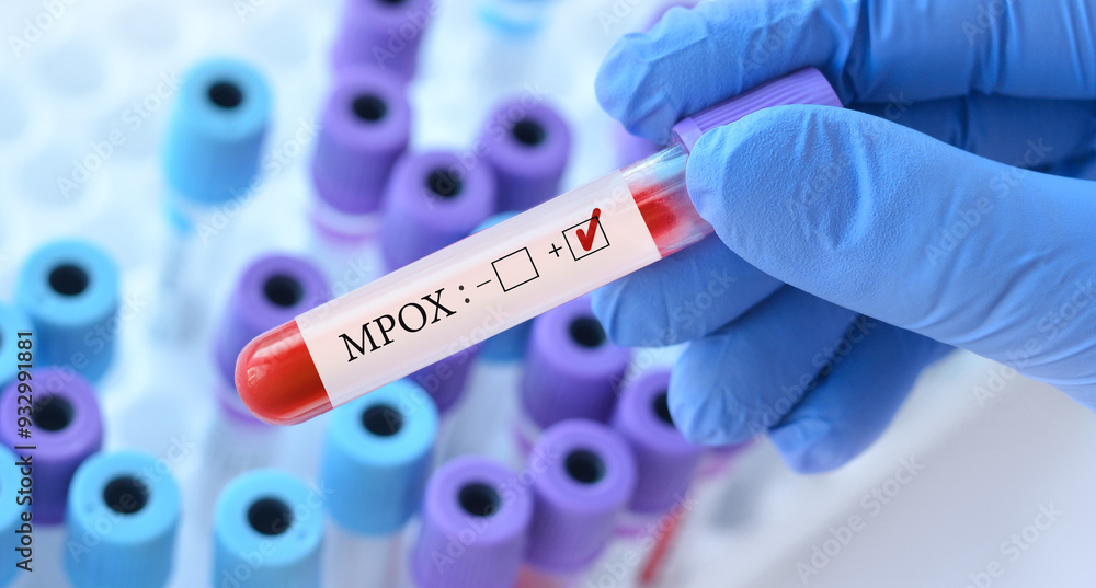 Obraz premium Doctor holding a test blood sample tube with Monkeypox virus (MPXV) .The virus is transmitted from animals to humans. Infected people suffer from fever, cough, headache, nausea and vomiting