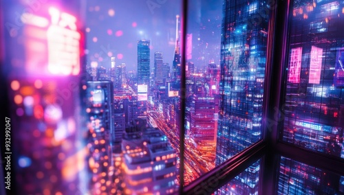 Night View of a City Through a Window