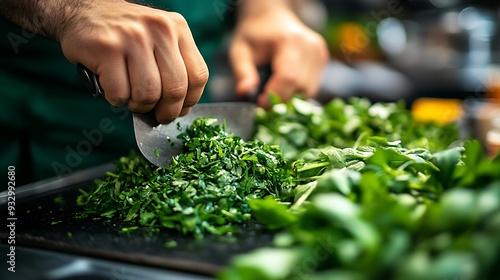 someone cutting up a bunch of green vegetables on a cutting board photo