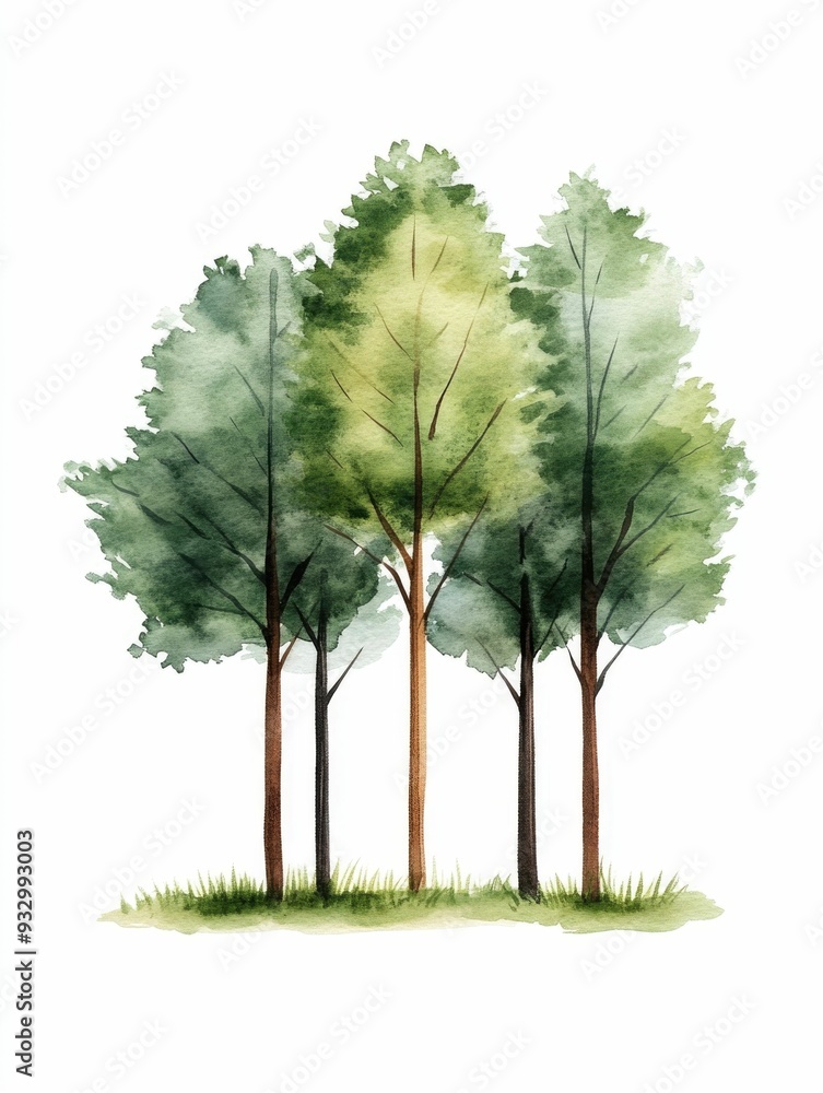 Obraz premium Tranquil watercolor painting of a peaceful forest scene with sunlit trees on a white background This vibrant hand painted clipart captures the natural beauty and serenity of a lush