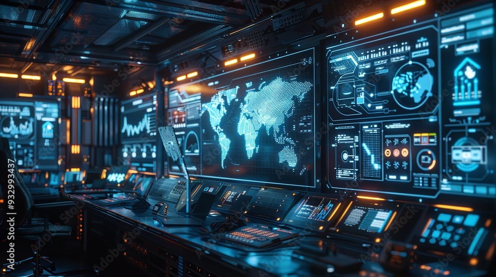 A technologically advanced computer room with neon lighting and presenting a world map A technologically advanced computer room with neon lighting and presenting a world map