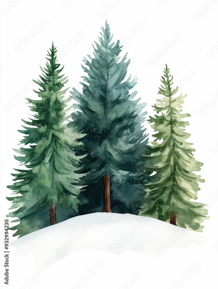Obraz premium Tranquil Watercolor Winterscape with Snowy Fir Trees of a peaceful forest landscape with evergreen trees covered in snow