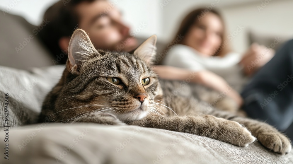 Cute domestic cat animal lying on a man enjoying and relaxing with a woman on sofa couch indoors Cute domestic cat animal lying on a man enjoying and relaxing with a woman on sofa couch indoors