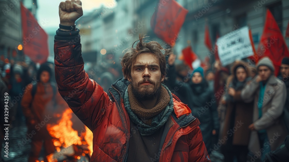 In defiance of the status quo, a man's passionate pleas ring out over the crowd, painting a landscape of protest in the city. In defiance of the status quo, a man's passionate pleas ring out over the crowd, painting a landscape of protest in the city.