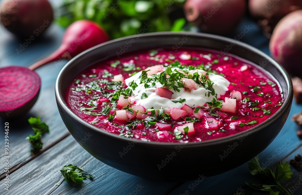 Borscht is a red beet soup with vegetables, served with sour cream in a bowl Borscht is a red beet soup with vegetables, served with sour cream in a bowl