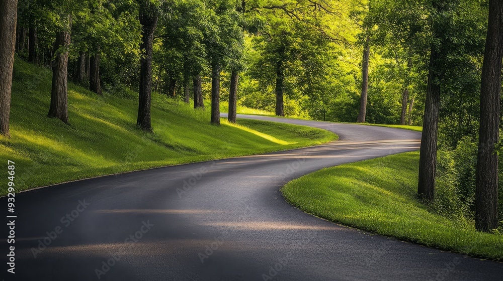 Winding road through lush green forest with sunlight filtering through the trees. Winding road through lush green forest with sunlight filtering through the trees.