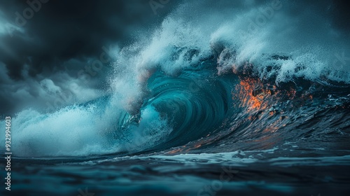Fototapeta Naklejka Na Ścianę i Meble -  A towering wave rises in the vast expanse of the ocean, showcasing the raw power of nature