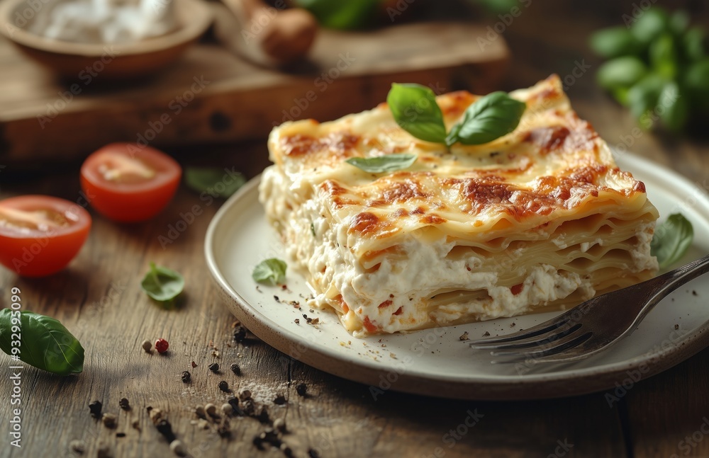 Lasagna on a white plate in a cozy kitchen, with warm, rustic wooden details Lasagna on a white plate in a cozy kitchen, with warm, rustic wooden details