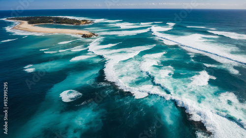 Aerial view of powerful ocean waves crashing with vibrant turquoise colors and dynamic wave patterns.