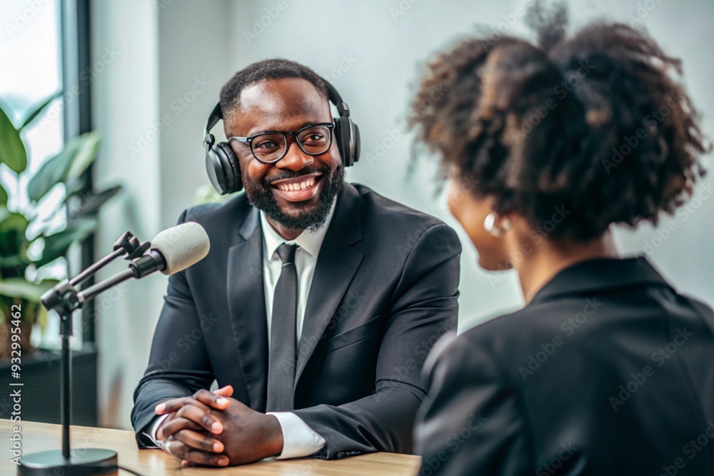 Medium shot of cheerful African American man wearing glasses and black suit talking to unrecognizable female guest sitting at table during podcast in studio