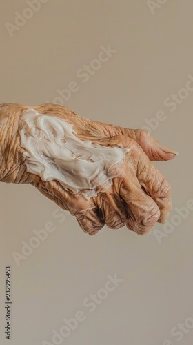 the hand of an elderly woman, with a moisturizer applied to the skin, on a light background