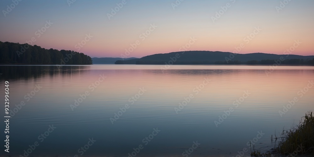 The subtle glow of twilight captured on a serene lake, with the light softly transitioning from blue to pink at the horizon. The subtle glow of twilight captured on a serene lake, with the light softly transitioning from blue to pink at the horizon.